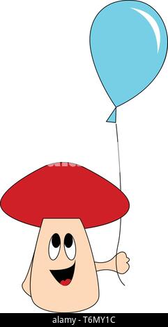 Mushroom holding a baloon illustration vector on white background Stock Vector