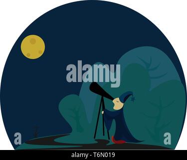 An astronomer focusing on the sky through his telescope on a dark cold night vector color drawing or illustration Stock Vector
