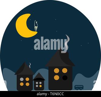 Shadow of 3 beautiful houses with burning chimney and a cat on the moon vector color drawing or illustration Stock Vector