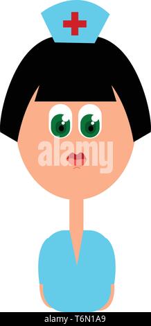 A cartoon nurse at the hospital dressed in her blue uniform with a plus sign printed in her cap has green eyes and looks beautiful  vector  color draw Stock Vector
