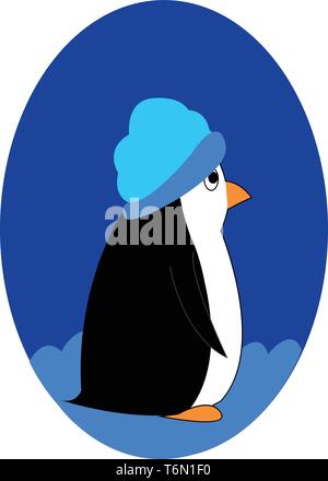 A penguin in a blue hat with black upperparts and white underparts and wings  beak and feet both in orange color  eyes rolled up  looks happy  vector  Stock Vector