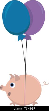 Cute cartoon picture of a fat pink pig tied to the strings of two balloons in blue and purple color  vector  color drawing or illustration Stock Vector