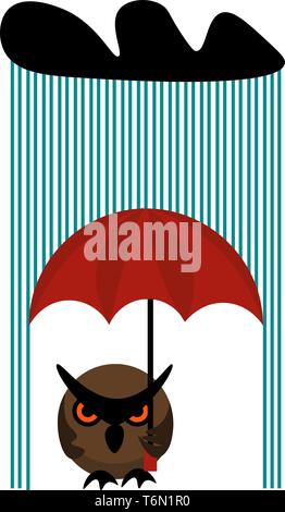 Clipart of a brown owl holding a red-colored umbrella on a rainy day looks beautiful  vector  color drawing or illustration Stock Vector