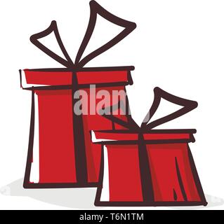 Clipart of two red-colored rectangular gift boxes tied individually with black ribbons and topped with bows  vector  color drawing or illustration Stock Vector