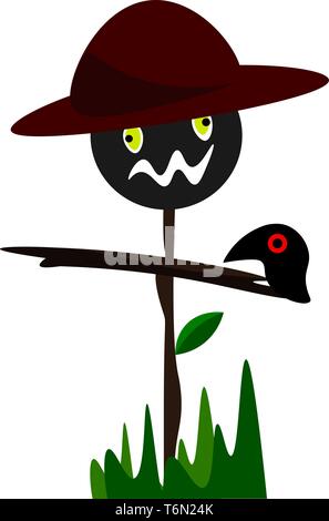 An object made out of a wooden stick frame and old clothes to resemble a human figure wearing a hat is set up on the farm to scare birds away from the Stock Vector