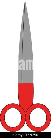 A pair of thin scissors with sharp silver blades and red-colored handles used to cut and crop papers  vector  color drawing or illustration Stock Vector