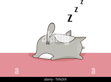 Emoji of a grey-colored cat snoring while sleeping on a pink-colored cushion bedstead  vector  color drawing or illustration Stock Vector