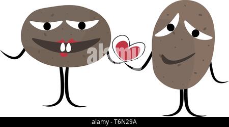 Clipart of two smiling ash-colored potatoes with stick legs and hands together holds a heart symbol as they walk  vector  color drawing or illustratio Stock Vector