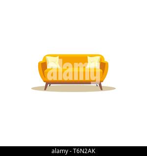 A long orange-colored upholstered seat with a back and arms  for two or more people  stands with the support of four wooden legs  vector  color drawin Stock Vector