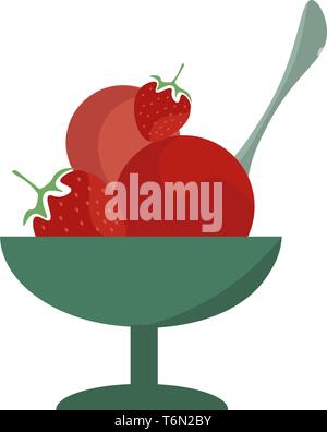Strawberry ice cream in an ice cream cup dessert green-colored plastic bowl provided with a scoop or spatula  vector  color drawing or illustration Stock Vector