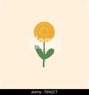 Clipart of a sunflower plant that bears one flower head with bright yellow ray coiled florets on a green-colored slender stalk that has two leaves  ve Stock Vector