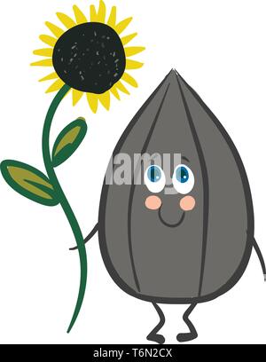 A smiling seed holding a sunflower with a brown circular disc inside and bright yellow ray florets outside on a green-colored slender stalk that has t Stock Vector