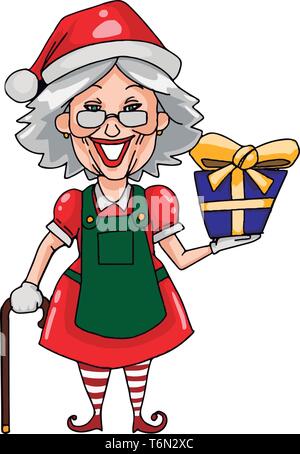 An old lady in red dress wearing a christmas cap with walking stick and gift in her hands vector color drawing or illustration Stock Vector