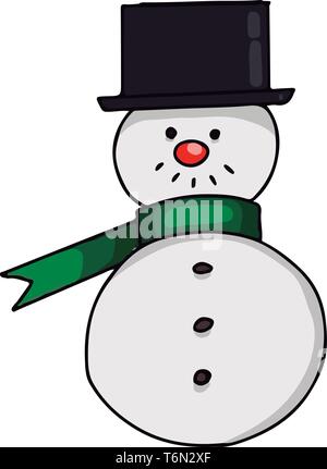 A snow man with a black hat green scarf and a red nose vector color drawing or illustration Stock Vector