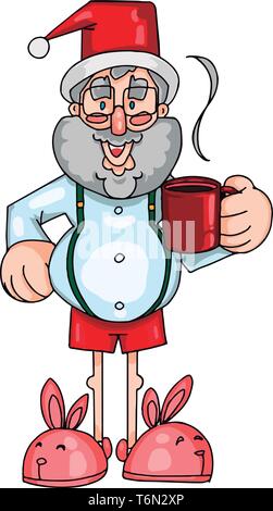 A funny cartoon of a man with christmas cap and a cup of hot tea wearing rabbit shoes vector color drawing or illustration Stock Vector