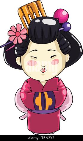 A girl in traditional chinese dress in pink colour and hairdo vector color drawing or illustration Stock Vector