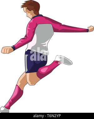 A cartoon of a small boy in pink and blue dress who is playing foot ball vector color drawing or illustration Stock Vector