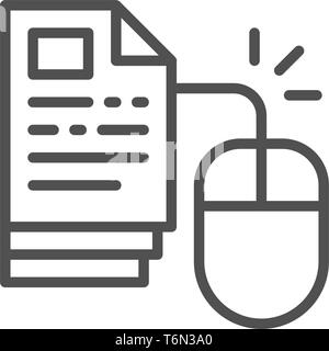 Computer mouse with pages, online education in one click, web library line icon. Stock Vector