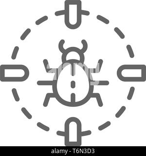 Bug in target sight, virus line icon. Stock Vector