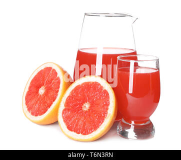 Fresh citrus drink in glassware and cut grapefruit on white background Stock Photo