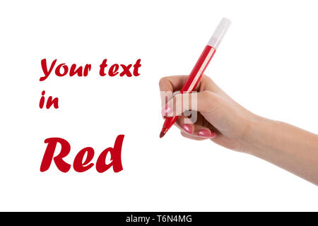 Hand writing with red pencil isolated on white background Stock Photo