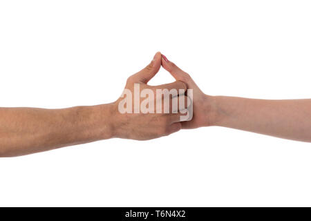 Two hands holding each other isolated over white Stock Photo