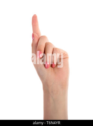 Female hand showing one finger isolated on white background Stock Photo