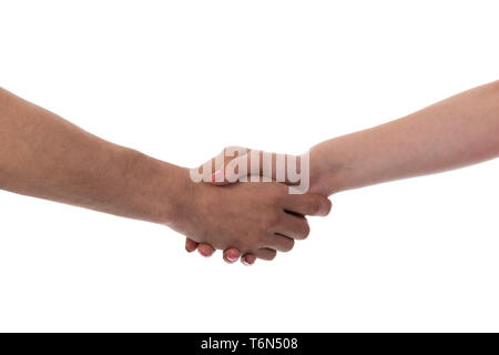 Man and woman shaking hands, isolated on white Stock Photo