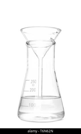 Conical flask with liquid and filter funnel on white background Stock Photo