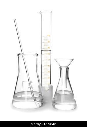 Different laboratory glassware on white background Stock Photo