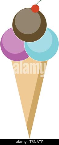 A ice cream cone with three scoops in violet blue and brown color vector color drawing or illustration Stock Vector