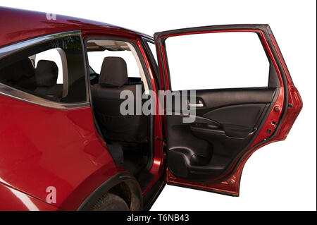 Open rear door of SUV red car isolated on white background Stock Photo