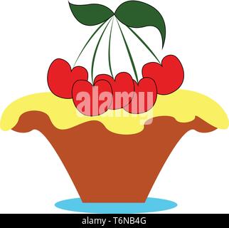 A small cute cherry cake with bunch of cherries on the top vector color drawing or illustration Stock Vector