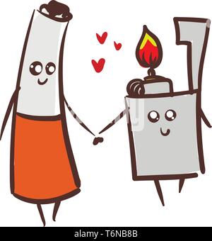 Cigarette and a lighter holding hands in love vector color drawing or illustration Stock Vector