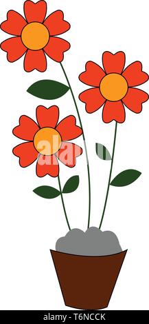 A bunch of red flowers with green leaves on a brown pot vector color drawing or illustration Stock Vector