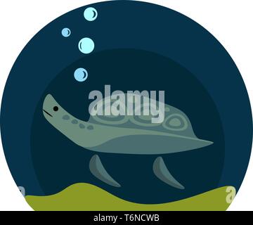 A blue sea turtle swimming in ocean leaving out bubbles vector color drawing or illustration Stock Vector