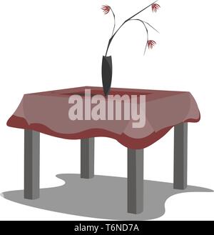 A table with tablecloth and a flower vase on it vector color drawing or illustration Stock Vector