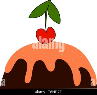 A tasty chocolate cake in brown color with a fresh cherry on its top vector color drawing or illustration Stock Vector