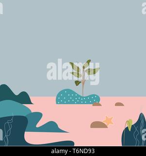 A beautiful scene of under the ocean with scrubs starfish and stones vector color drawing or illustration Stock Vector