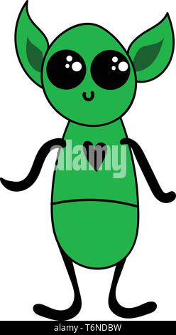 Cartoon of a cute little green-colored alien with big ears oval in shape  big eyes and a black heart printed in the costume looks sad while standing   Stock Vector