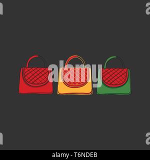 Clipart of three women's handbags in red  yellow and green colors knitted with checkered patterns on the front portion appears over a black background Stock Vector