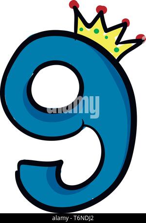 A blue-colored figurine with a black outline and topped with a crown represents the queen number 9  vector  color drawing or illustration Stock Vector
