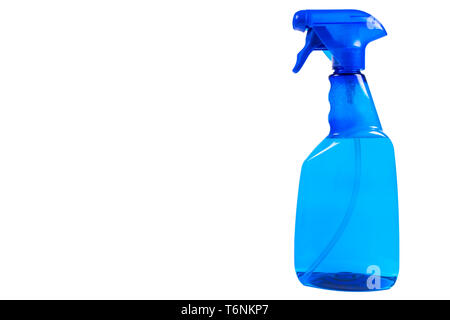 Blue plastic water spray bottle isolated on white background. Blue blank plastic spray detergent bottle isolated on white background. Empty space for  Stock Photo