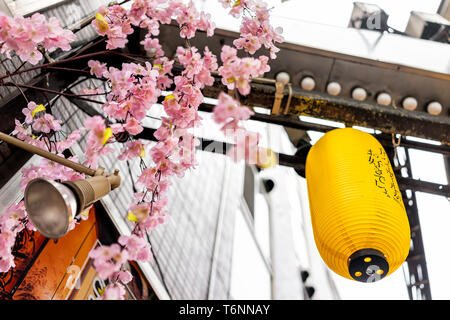 Tokyo, Japan - March 29, 2019: Memory lane alley with cherry blossom sakura decorations and yellow paper lamp with nobody in Shinjuku area of city Stock Photo
