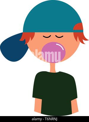 Clipart of a boy in a green top  backward blue cap with his eyes closed while blowing purple-colored bubble gum  vector  color drawing or illustration Stock Vector