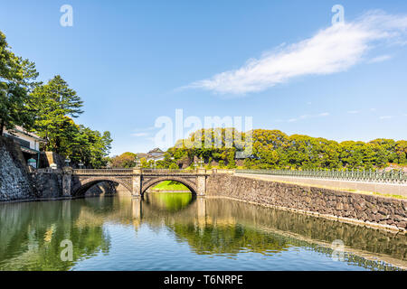 Tokyo, Japan reflection in pool moat by Imperial palace during spring day with royal castle and bridge Stock Photo