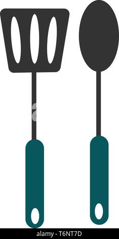Kitchen utensils black in color and furnished with blue handles stand close to each other  provided with small holes to hang on the wall  vector  colo Stock Vector