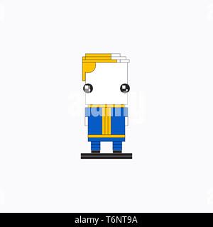Cartoon lego man with body and head in a square shape  two bulging eyes  dressed in a blue and yellow costume  stands on a wooden base  vector  color Stock Vector