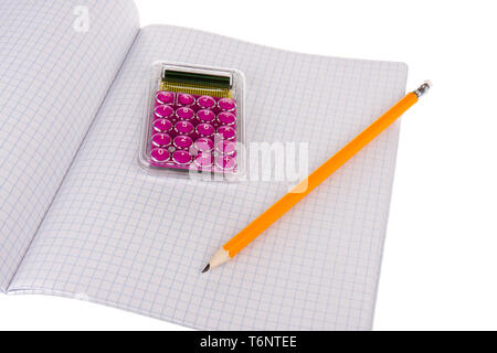 Exercise book with wooden pencil and calculator Stock Photo