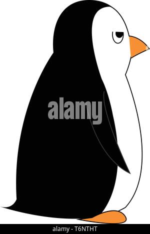 Cartoon picture of a crazy penguin with black upperparts and white underparts and wings  beak and feet both in orange color  eyes rolled up  expresses Stock Vector